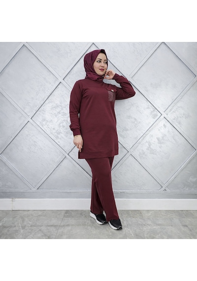 Esra Butik78 Bordo Taş Detaylı Tesettür Tunik Pantolon İkili Takım Günlük Spor Şık Kombin