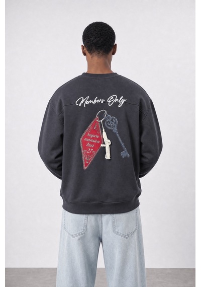 Respire Erkek Members Only Baskılı Oversize Sweatshirt Füme