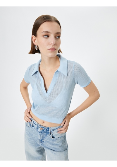 Koton Crop File Tişört Polo Yaka Kısa Kollu Mavi 4sak50489ek Mavi