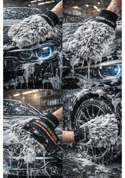 Peluş Çift Taraflı Mikrofiber Oto Yıkama Eldiveni Siyah Beyaz Profesyonel- Schön Weiter