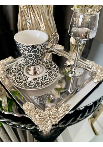 Atabey Home Collection 4 Adet Kahve & Çay & Sunum Tepsisi Metal Döküm Kare Gül Gümüş Model