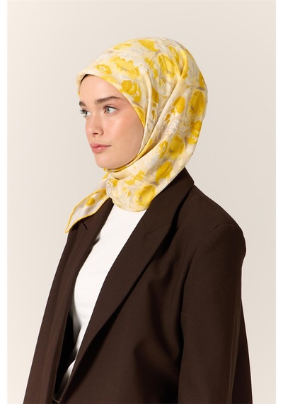 Silk Home Organik Pamuk İpek Eşarp Sarı-beyaz Desenli Tok Duruşlu 90x90 Çok Renkli