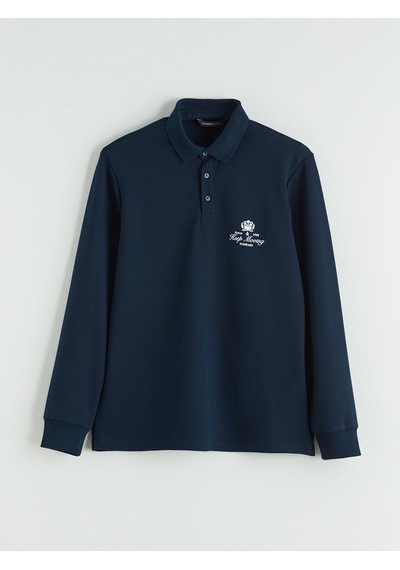 Lcwaıkıkı Classic Lacivert Polo Yaka Baskılı Erkek Sweatshirt