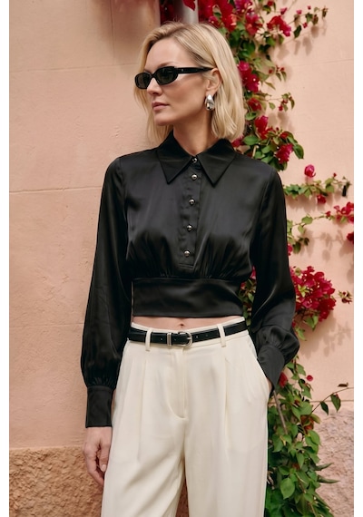 Sateen Düğme Detaylı Saten Bluz - Siyah-137515