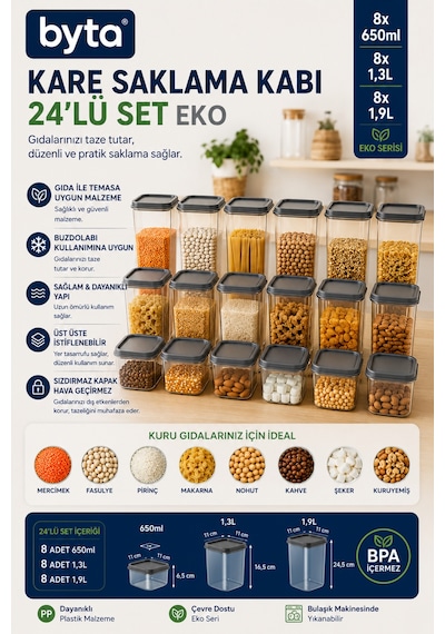Eko 24'lü Kare Erzak Saklama Kabı Seti 8x650 Ml + 8x1,3 L + 8x1,9 L Kapaklı Plastik Gıda Saklama Kabı Şeffaf Mutfak Düzenleme Seti Şeffaf