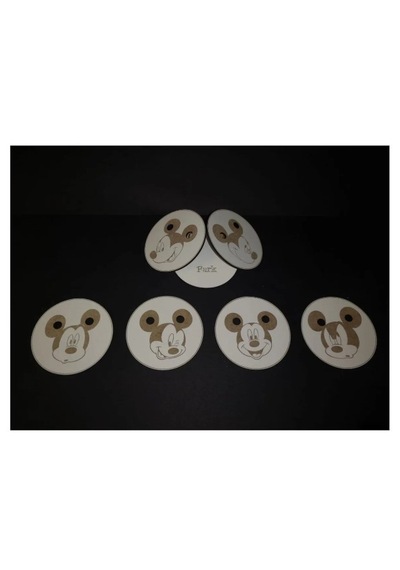 Ahşap Bardak Altlığı Miki Mouse Dekoratif Silinebilir 6'lı Set Beyaz