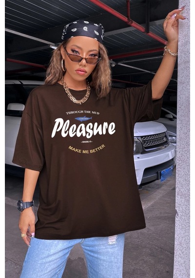 Unisex Pleasure Baskılı Oversize Tshirt Kahverengi