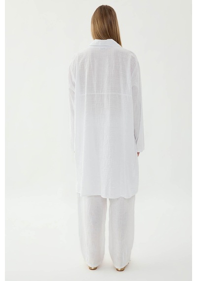 Vitrin Oversize Baskılı Keten Gömlek Altın