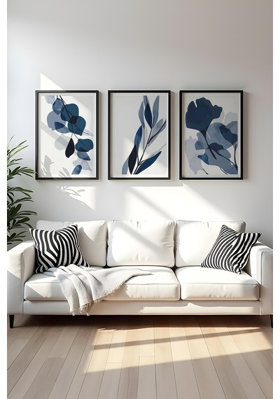 Huhuli Siyah Ahşap Çerçeveli Minimalist 3 Parça Tablo Huhu207