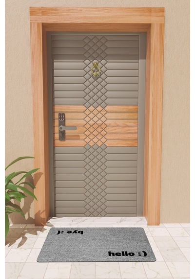 Rugmood Modern Dijtal Baskı Gri Hello Ve Bye Kapı Önü Paspası