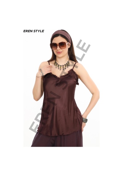 Bohem Stil Italyan Korse Belli Astarlı İpek Pantolon -9655 Mürdüm