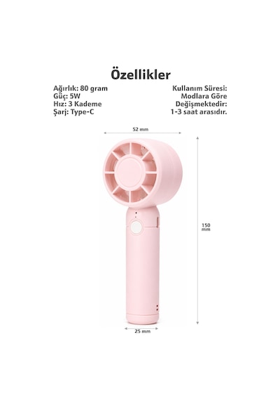 Turbo 3 Mod Şarjlı El Fanı 3 Kademe Seyahat Masaüstü Vantilatör Taşınabilir Mini Fan Pembe F130