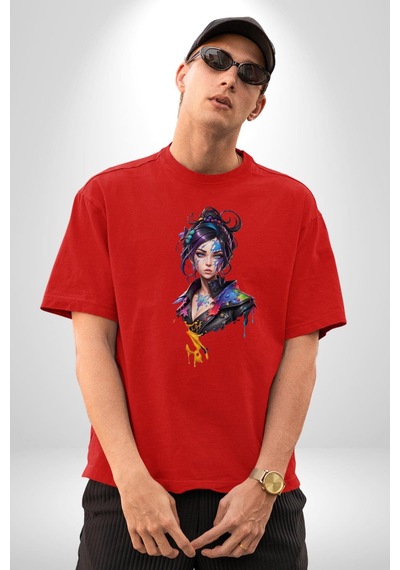 Süper Robot Kız Sulu Boya Pamuklu Bisiklet Yaka Unisex Oversize Boyfriend Dijital Baskılı Kırmızı T-shirt Kırmızı