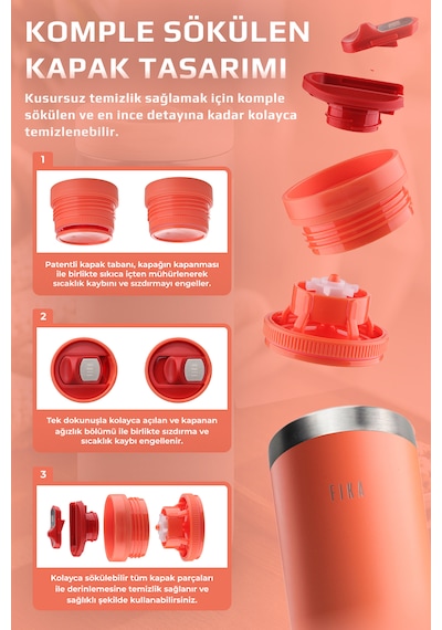 Neoflam Fika Tauko Sızdırmaz Kolay Sökülebilir Temizlenebilir Patentli Kapak Çelik Bardak Termos 470 Ml Kırmızı