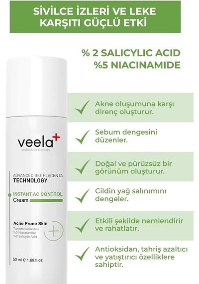 Veela Ac Control Cream Akneli Ciltler İçin Onarıcı Krem %2 Salisilik Asit &%5 Niasinamid Sivilce Ve Leke Karşıtı Etkili Bakım 50 x 22