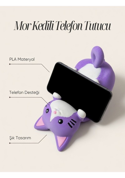Mor Kedi Figürlü Telefon Tutucu Stand - 3d Baskı Ofis Masaüstü Aksesuarı Ve Biblo