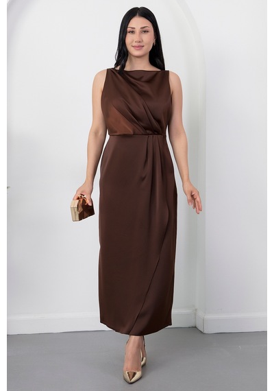 Kalopya Kare Yaka Beli Büzgülü Yırtmaçlı Elbise Yzc25y223 A.kahve