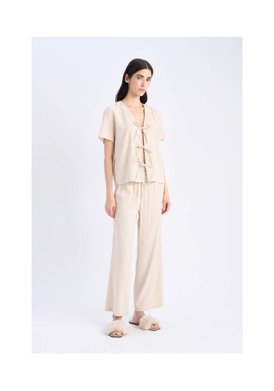 DeFacto Pijama Takımı Keten Kısa Kollu Üst Esnek Belli Alt-Fall in Love E3571AX25SPBG778