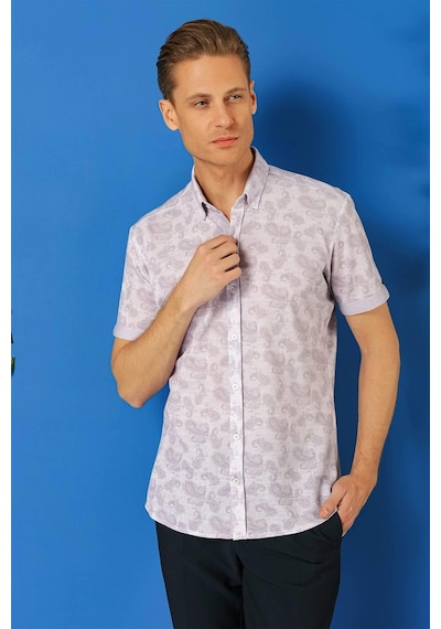 Efor Slim Fit Düğmeli Yaka Şal Desenli Kısa Kol Pamuk Lila Gömlek G 1501 Lila