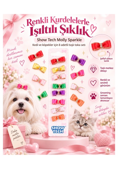 Show Tech Molly Sparkle Taşlı Lastikli Kurdele Kedi Köpek Tokası 8 Adetli Paket