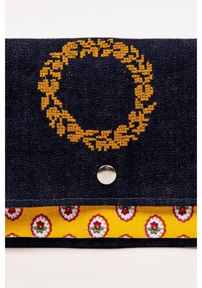 Fabric Craft Bag Kadın Kumaş Cüzdan Nakışlı Lacivert - Sarı