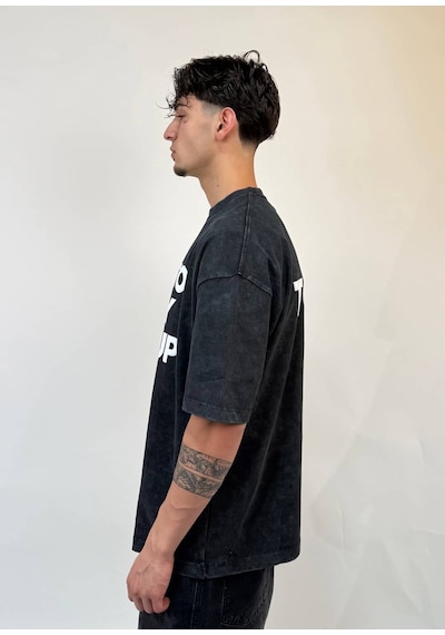 Zaee Level Up Oversize Baskılı Tişört Siyah Eskitme