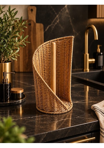 Qerhome Dekoratif Rattan Kağıt Havluluk Standı Bambu Direkli Mutfak Kağıt Havlu Tutacağı Kahverengi