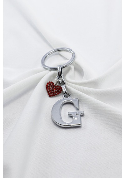 Kırmızı Parlak Kalpli Gümüş Renkli Metal G Harfi Anahtarlık /mini