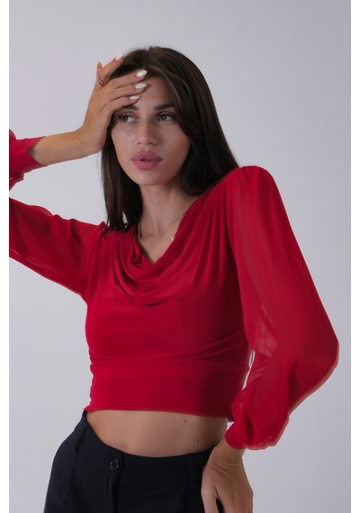 Feminist Kırmızı Uzun Kol Degaje Yaka Bluz 4202512.08 Kırmızı