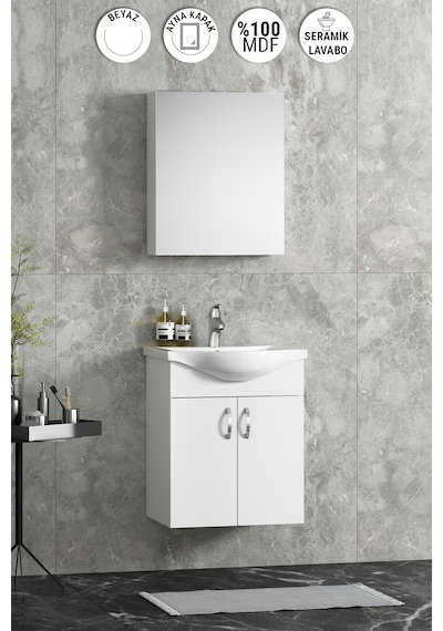 Yıldız Asma 50 Cm Beyaz Mdf Seramik Lavabolu Banyo Dolabı Takımı Beyaz