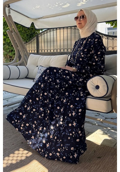 Rabia Şamlı Bihter Mavi Yapraklı Elbise Normal