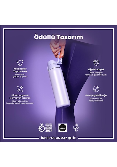 Ion8 - Paslanmaz Çelik İnce Suluk - Açık Mor - 600 Ml - Sızdırmaz