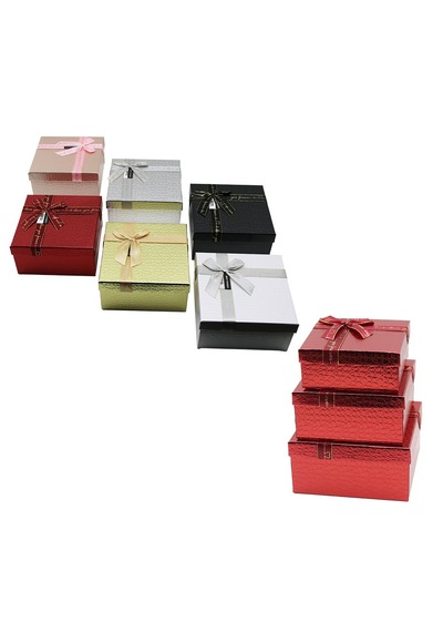 Go İthalat 3pcs Kare Parlak Mix Renkli - Kabartma Desen Karton Hediye Kutusu Kurdelalı 19-17-15cm