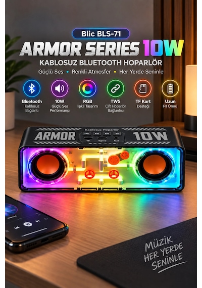 Blic Bls-71 Siyah Armor Series 10w Kablosuz Rgb Bluetooth Hoparlör Tws Tf Kart Desteği