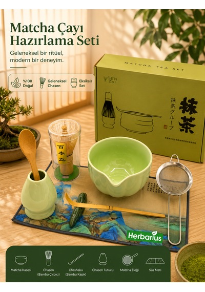 6 Parça Yeşil Renk Matcha Çayı Hazırlama Seti - Geleneksel Japon Matcha Seti