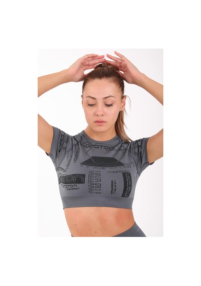 Maraton Active Slimfit Kadın Bisiklet Yaka Kısa Kol Koşu Antrasit Crop Top 811037 Antrasit