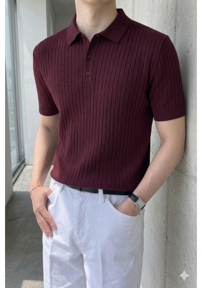 Cool Tarz Erkek Düğmeli Fitilli Triko Polo Tişört Slim Fit Bordo Bordo