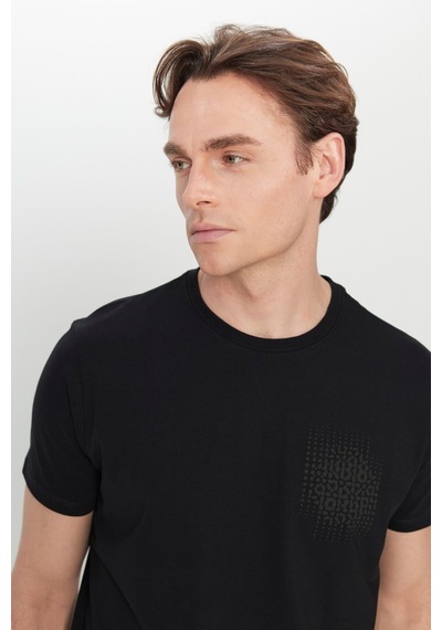 Erkek Sıyah Pamuklu Slim Fit Dar Kesim Baskılı Esnek Tişört SIYAH