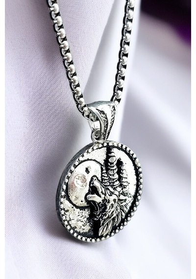 Gümüş Kaplama K-157 Paslanmaz Kromix Erkek Kolyesi Dolunayda Uluyan Bozkurt Madalyon Gümüş