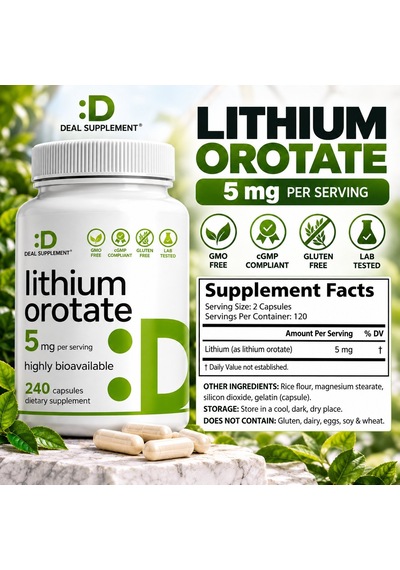 Deal Supplement Lithium Orotate Asily Absorbed Mineral 5mg, 240 Caps - Lityum Takviyesi