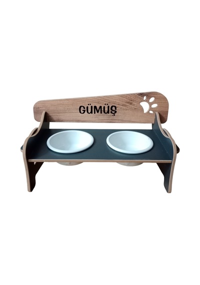 Özel İsimli Seramik Kaseli Ahşap Kedi-köpek Mama Ve Su Kabı Stantı