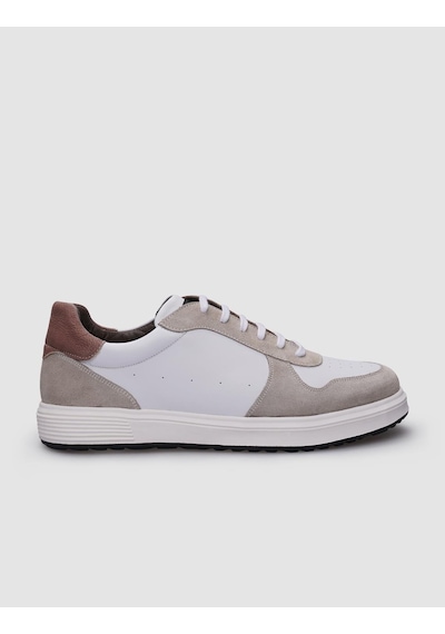 %100 Hakiki Deri Beyaz - Bej Süet Bağcıklı Erkek Sneaker-beyaz Beyaz