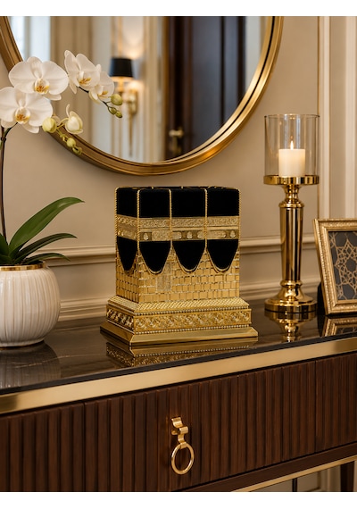 Kudüs Kâbe Biblosu Siyah Gold Kadife Detaylı Dekoratif Kâbe Maketi 15x15 Cm 01