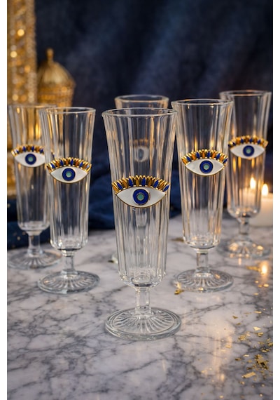 6 Lı Kristal Cam Nazar Göz Kahve Yanı Bardağı Su Bardak 150ml Şeffaf