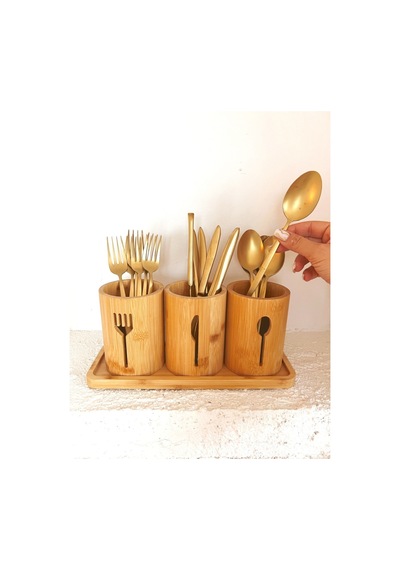 Bambu Altlıklı 3'lü Çatal Kaşık Bıçak Düzenleyici Set 4 Parça Bambu
