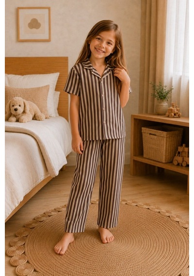Kız Çocuk Çizgili Gecelik Kahve Pijama Takımı