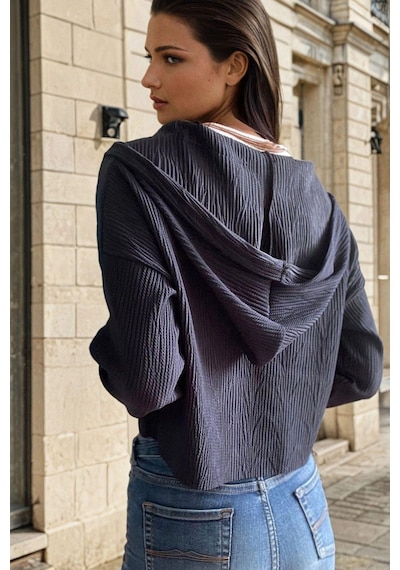 WeShaya Lacivert Yarım Fermuarlı, Kapüşonlu, Casual Bluz Lacivert