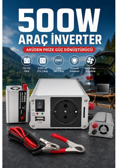 Fanlı 500w Dc Ac İnverter 12v Akü Girişi 220v Priz Usb Çıkışı Taşınabilir Dönüştürücü