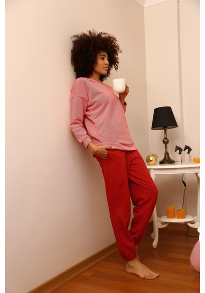 Akbeniz Kadın Uzun Kol 3 İplik Penye Pijama Takım 4184 - S Kırmızı