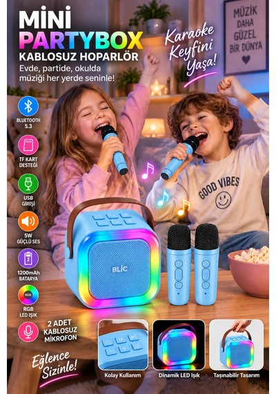 Blic Bls-97 Mavi Partybox Çift Kablosuz Mikrofonlu Rgb Led Işıklı Taşınabilir Bluetooth Hoparlör